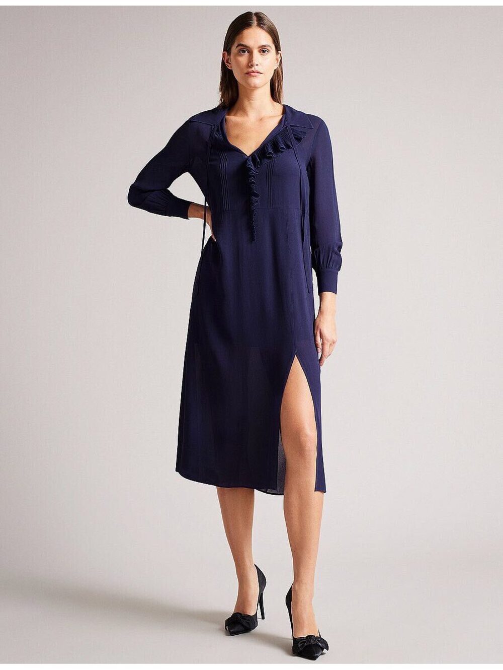 Ted Baker Faithiy Navy Blue Midi Dress with Ruffle Detail and Side Slit, Size 4